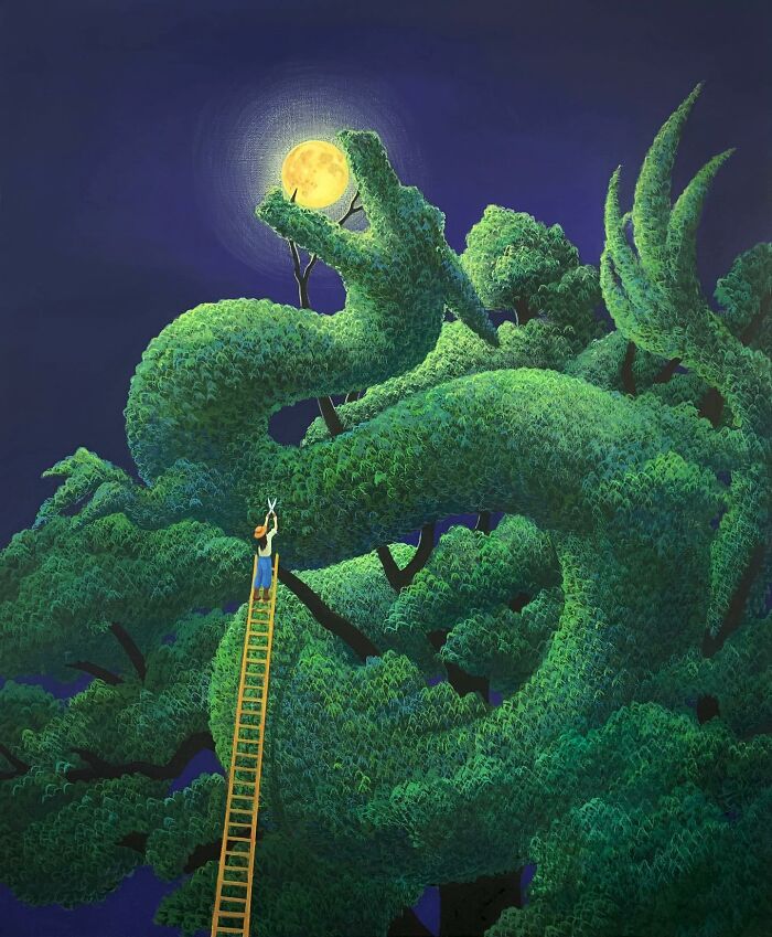 Calming artwork by Mulgil Kim showing a person trimming a large dragon-shaped tree under a glowing full moon.