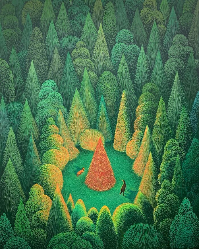 Dense forest with vibrant green and orange trees surrounding two animals in calming artwork by Mulgil Kim.
