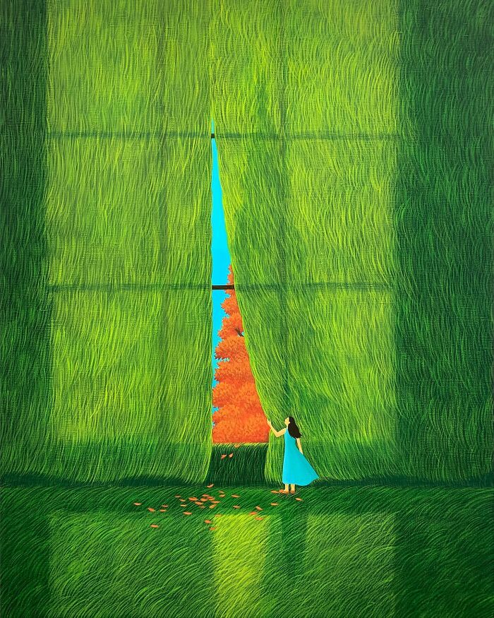 Woman in a blue dress opening green curtains to reveal a bright autumn scene in calming artwork by Mulgil Kim.