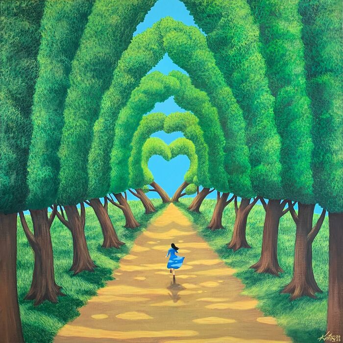 A girl in a blue dress walking down a tree-lined path with calming green arches in a peaceful artwork by Mulgil Kim.