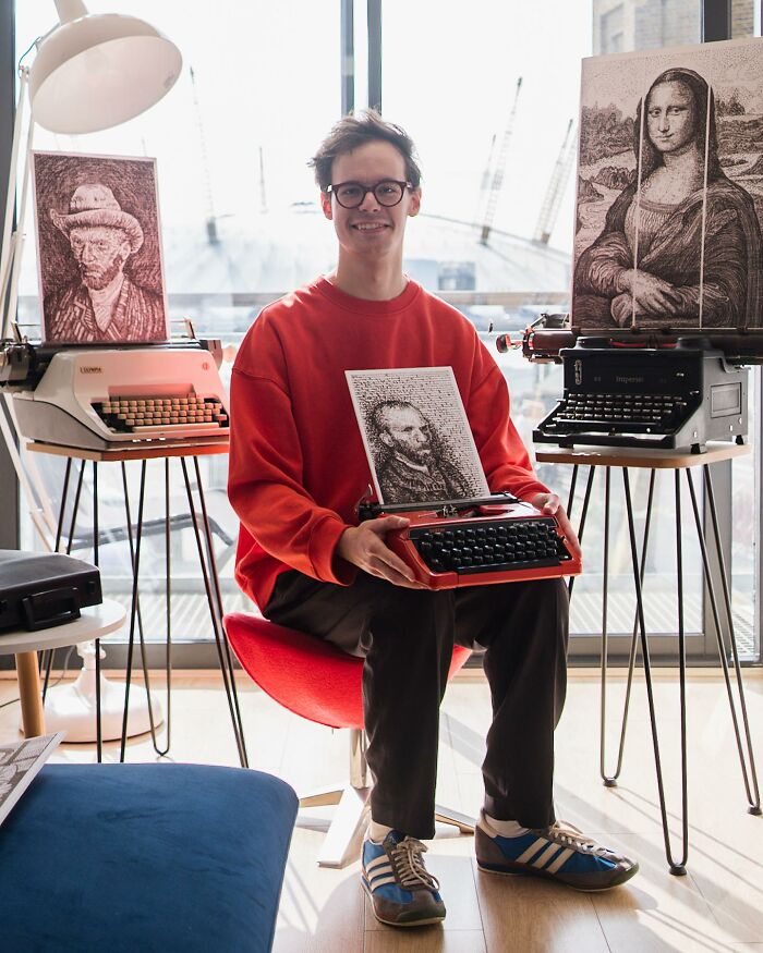 Young artist sitting with typewriters, showcasing detailed portraits drawn using typewriter art technique.
