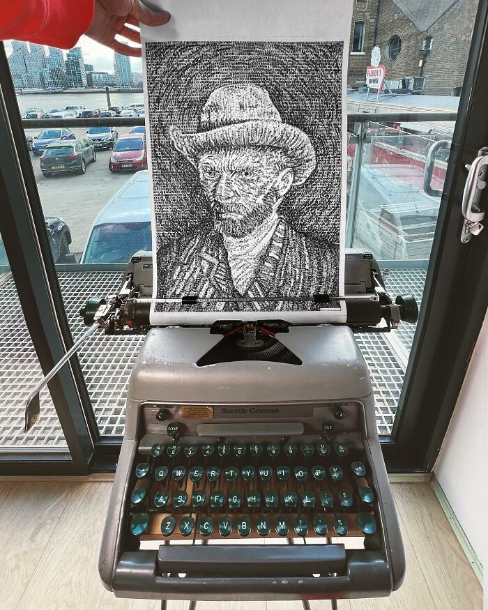 Young artist creating a detailed portrait using a vintage typewriter with intricate typewritten art.