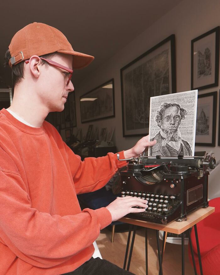 Young artist drawing detailed portrait with a typewriter in a room filled with framed black and white artwork.
