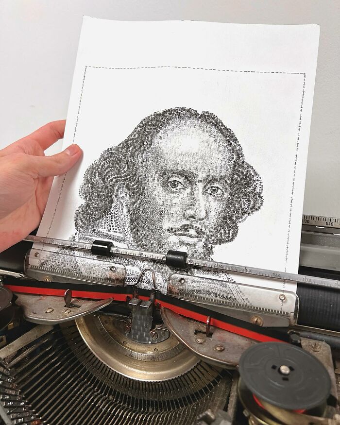 A detailed portrait drawn with a typewriter by a young artist, showcasing impressive typewriter art skills.