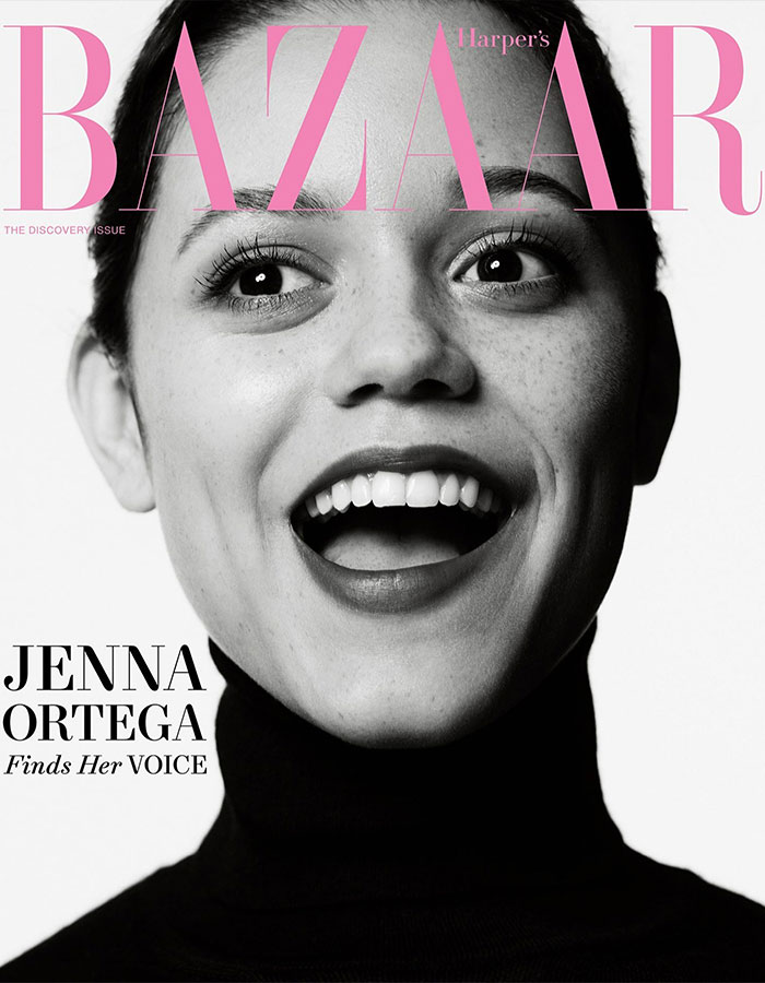 Close-up black and white portrait of Jenna Ortega smiling, featured on Harper's Bazaar cover, showcasing her natural beauty and expression.
