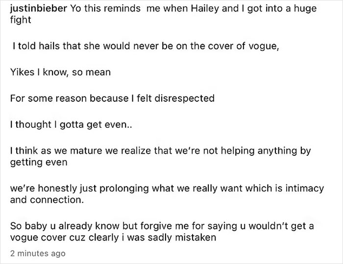 Screenshot of Justin Bieber's message about a fight with Hailey, Vogue cover remarks, and a reflection on maturity and connection.