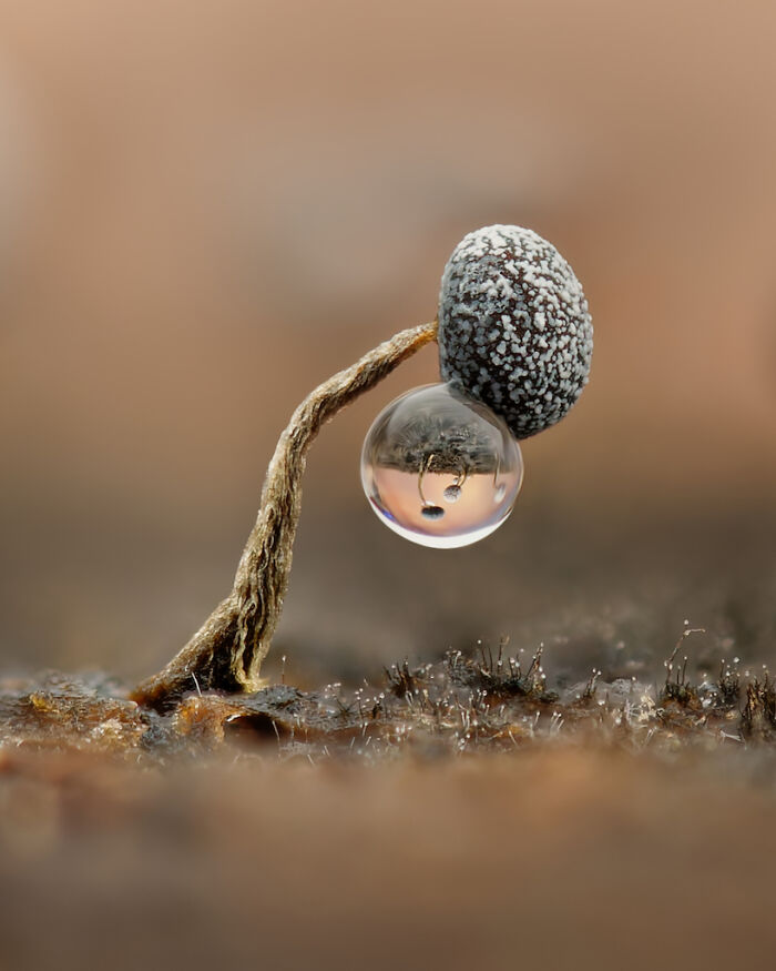 Close-up photograph of a tiny textured mushroom with a water droplet reflecting the surrounding environment.