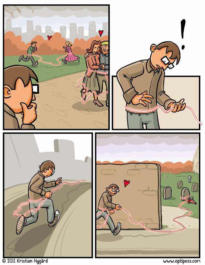 Comic panels by Optipess showing a man following a glowing red string out of the graveyard with a heart symbol.
