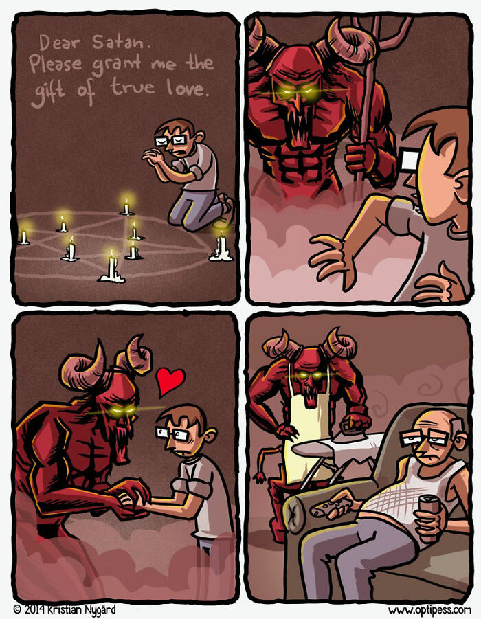 Comic by artist with unexpected endings showing a man asking Satan for true love and a surprising twist.