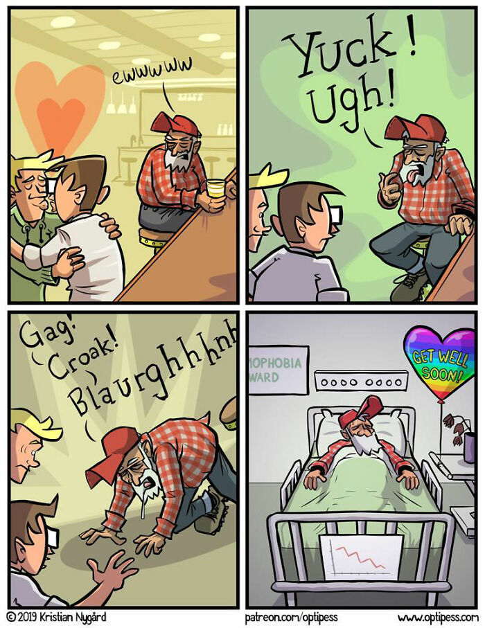 Comic panels showing a man in a red cap with unexpected ending as he gets sick and hospitalized in a humorous comic.