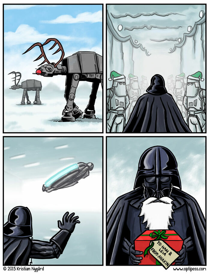 Comic panels featuring a witty and twisted holiday-themed Star Wars scene from Optipess comics to brighten your day.
