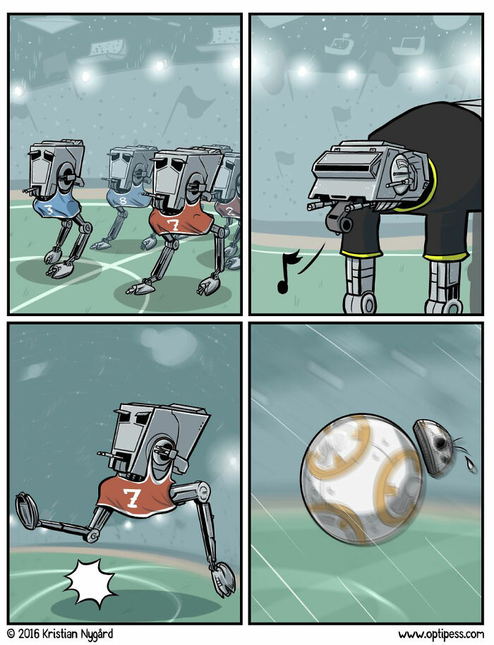 Witty and twisted comic by Optipess showing robot soccer players and a humorous robot replacing a soccer ball.