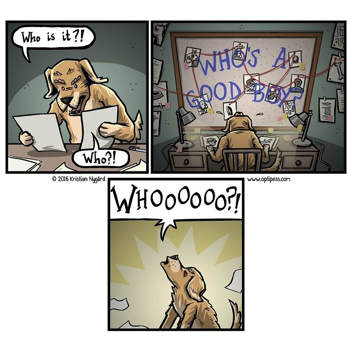 Comic panels featuring a witty dog investigating photos and papers, with a twisted detective theme from Optipess comics.