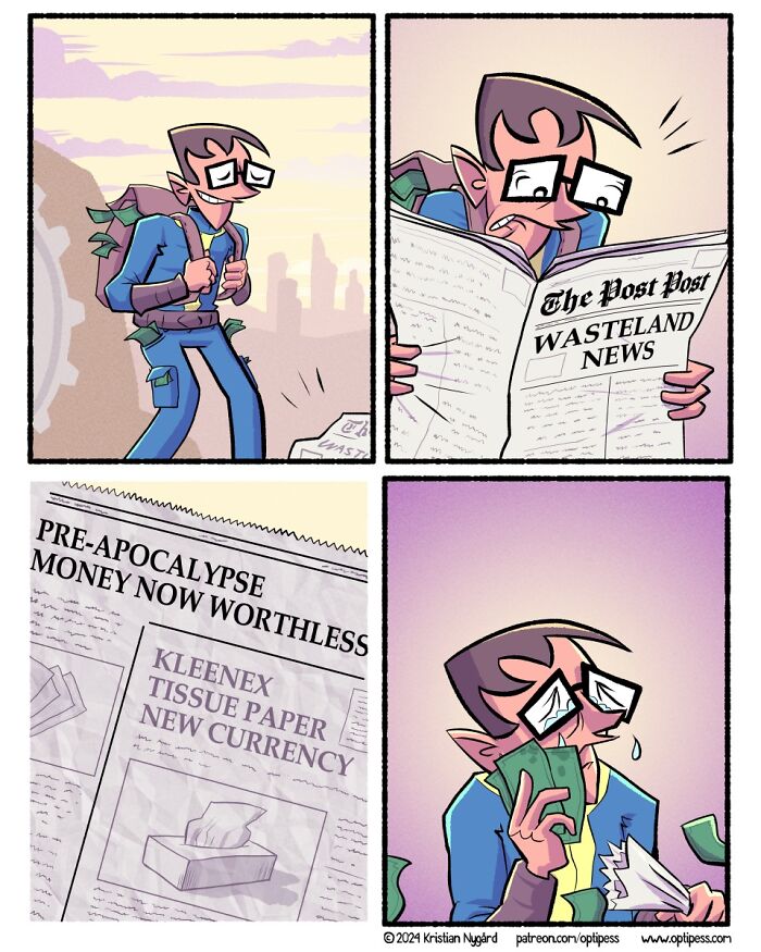 Comic panels showing a man reading a newspaper about worthless money and Kleenex as new currency in witty twisted comics.