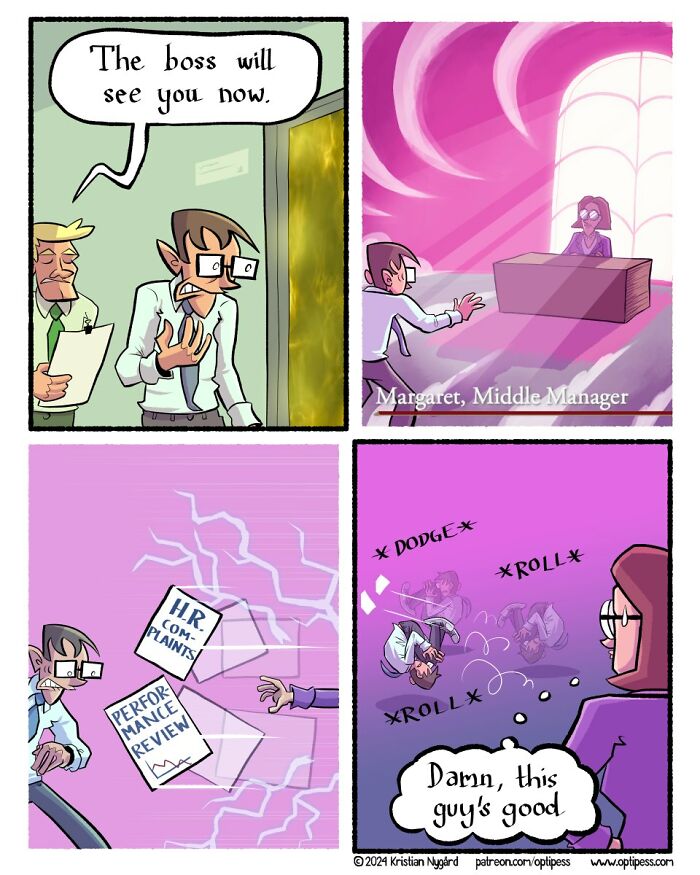Witty and twisted comic by Optipess showing a nervous employee dodging HR complaints and performance reviews.