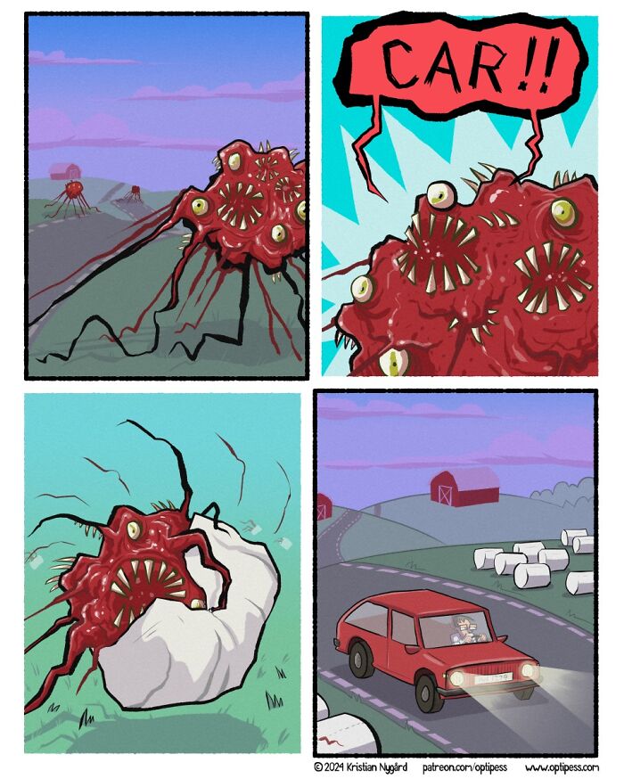 Comic strip featuring a monster with many eyes and teeth in an unexpected twist, part of comics with unexpected endings.