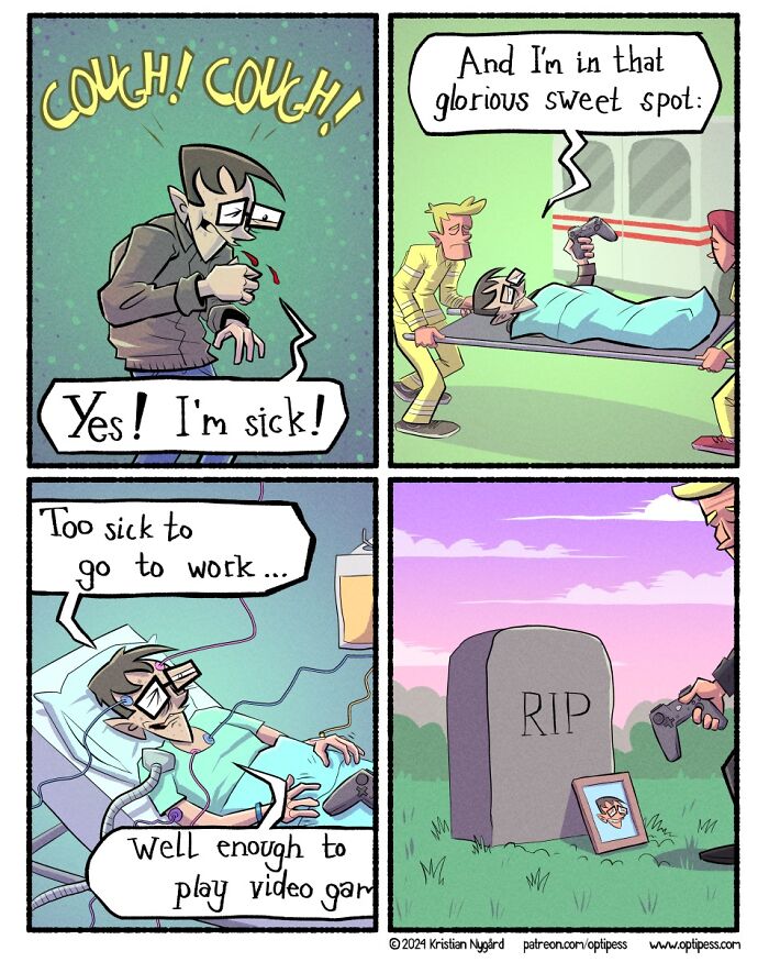 Comic panels showing a sick man playing video games in hospital, illustrating artist’s comics with unexpected endings.