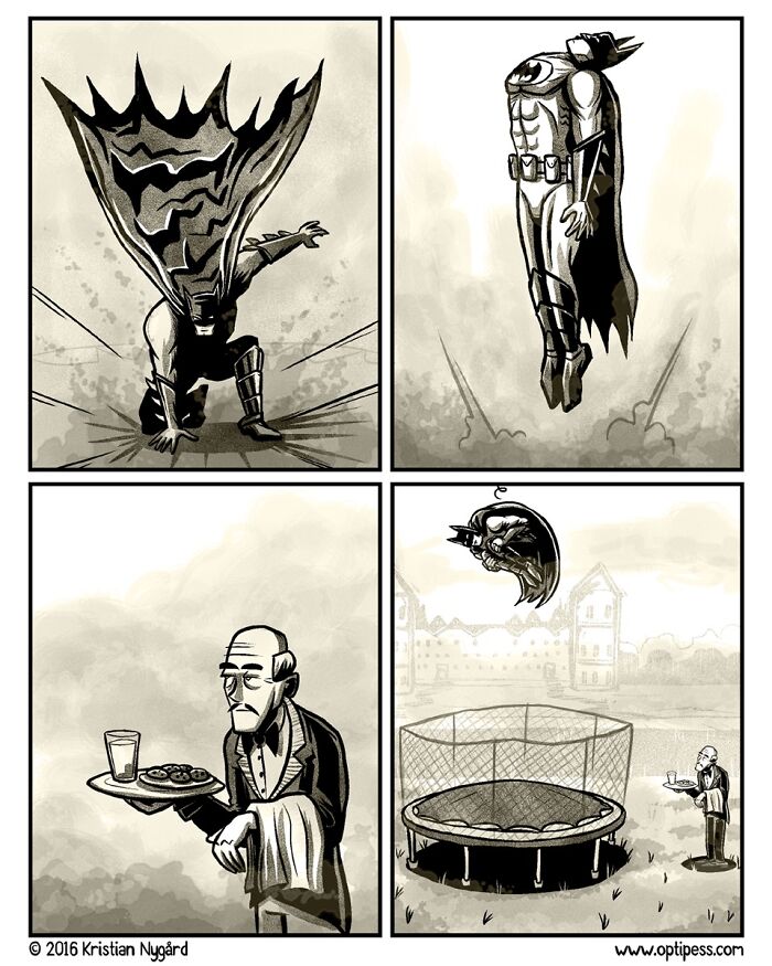 Comic panels showing a witty and twisted superhero scene by Optipess, featuring action and humor around a Batman-like figure.