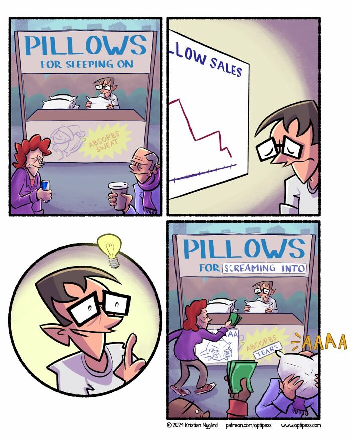 Comic panels showing witty and twisted Optipess humor about pillows for sleeping and screaming, highlighting low sales and bright ideas.