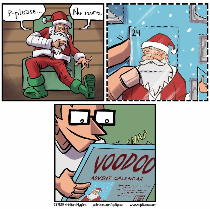 Witty and twisted comic by Optipess showing a tired Santa, advent calendar, and a man holding a voodoo calendar.