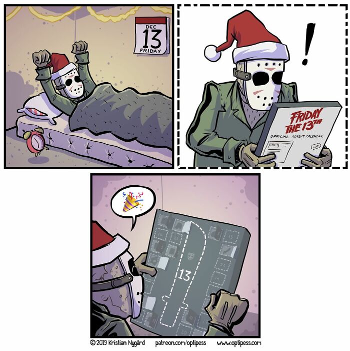 Masked character wearing a Santa hat reacts to a twisted Friday the 13th comic with dark humor and celebration theme.