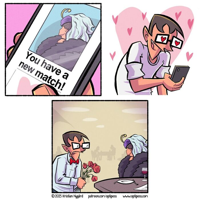 Witty and twisted comic by Optipess showing a man excited about a match then awkwardly meeting in person on a date.