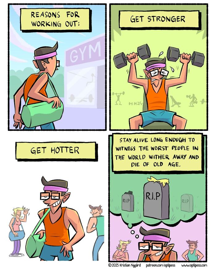 Comic by artist shows unexpected endings with a man working out, getting stronger, hotter, and a surprising final thought.