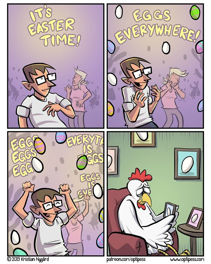 Witty and twisted comic by Optipess showing a man overwhelmed by Easter eggs and a sad chicken indoors.