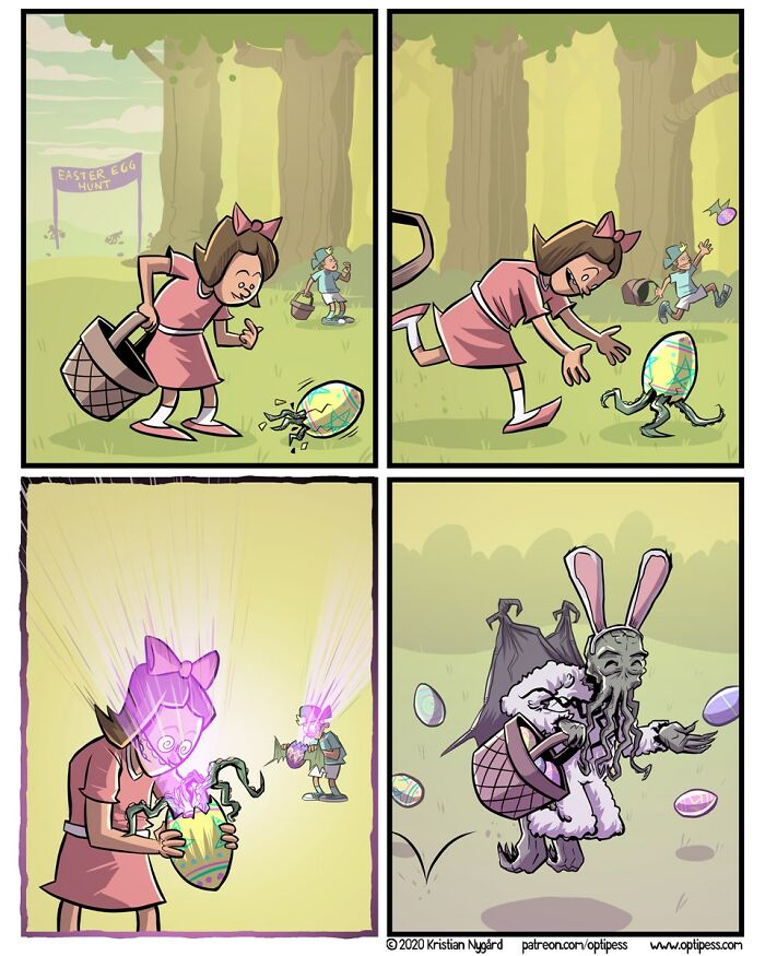Witty and twisted comic panels showing an Easter egg hunt with a dark fantasy twist and unexpected creature reveal.