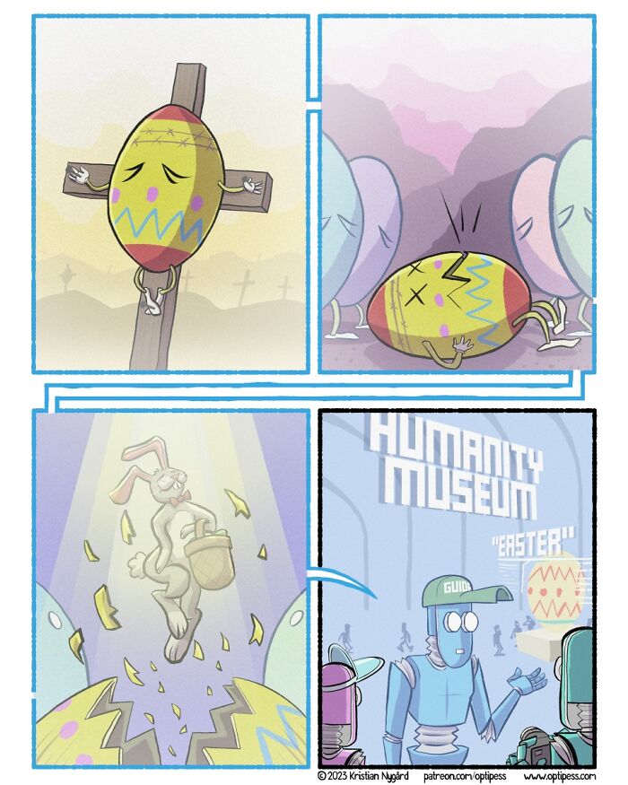 Comic panels showing an Easter egg crucifixion, egg cracked by an Easter bunny, and a museum exhibit with unexpected endings.