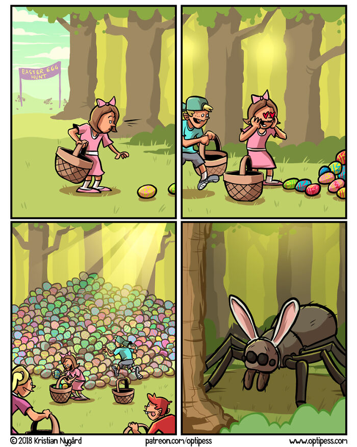 Witty and twisted comic showing kids in an Easter egg hunt with a giant spider wearing bunny ears.
