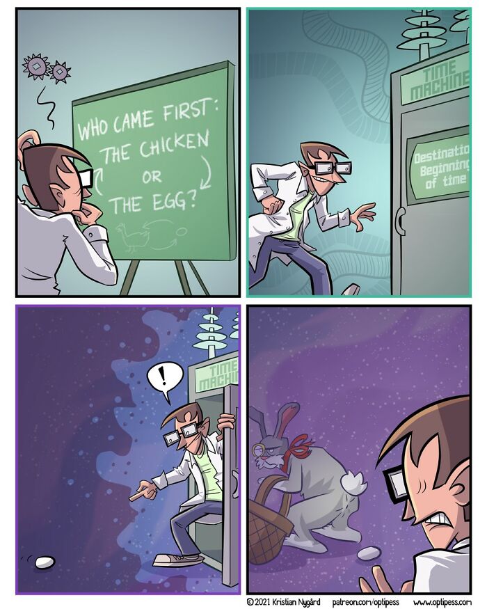 Scientist in a witty comic using a time machine to solve the chicken or egg dilemma in a twisted comic style.