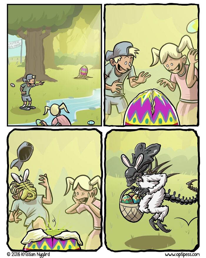 Comic panels show children finding an Easter egg that reveals an alien creature in an unexpected comic ending.