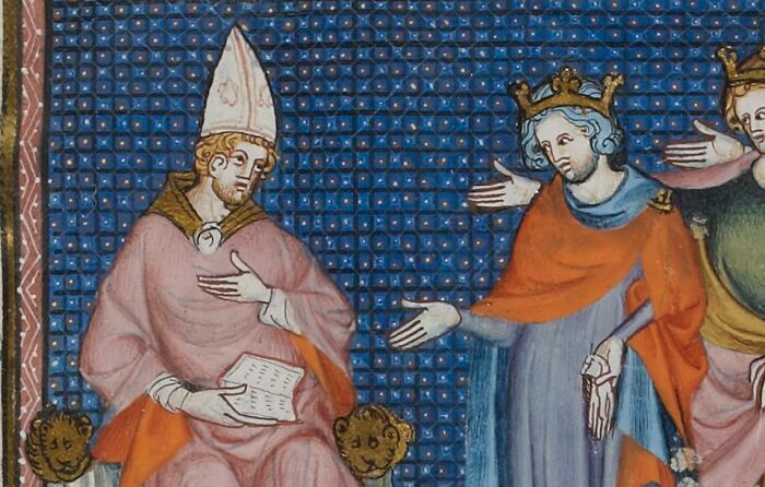 Medieval painting depicting a pope in ceremonial robes alongside crowned figures, illustrating fascinating pope facts.