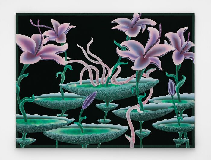 Surreal glowing garden artwork with purple flowers and green stems on textured platforms against a black background.