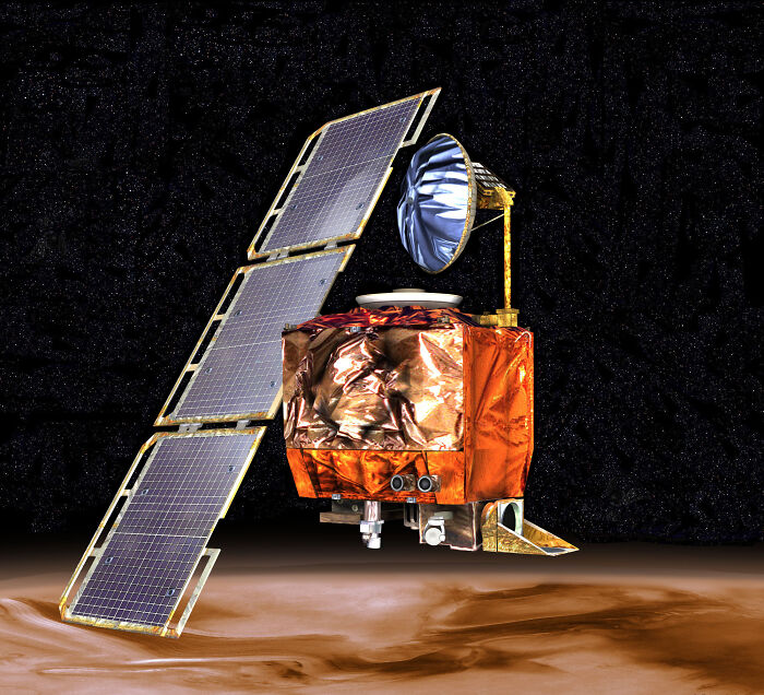 Space probe with solar panels orbiting a planet, illustrating one of the biggest mistakes that changed the course of history.