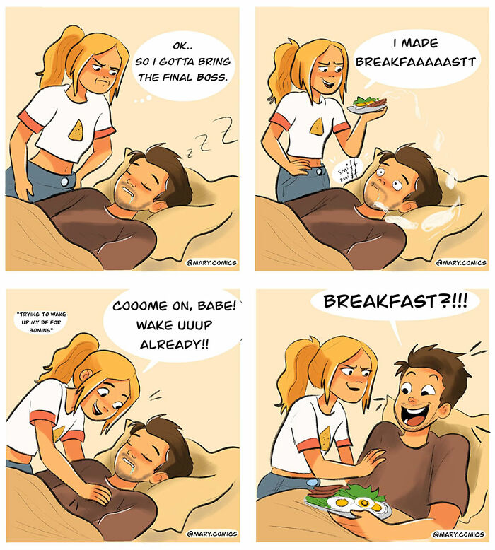 Comic panels by Mary Nicola showing a couple's morning routine with breakfast in everyday situations.