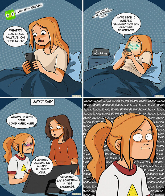 Comic panels showing a girl learning Valyrian on an app, depicting everyday situations in a humorous way by Mary Nicola.