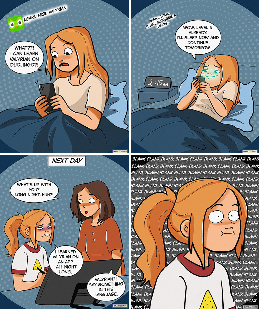 Comic strip showing a young woman learning Valyrian on an app, illustrating relatable moments in artist made comics.