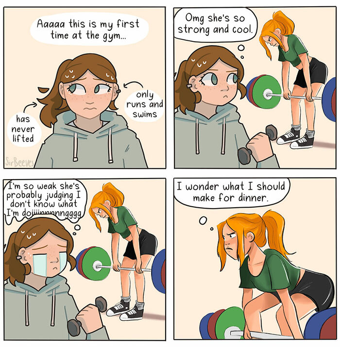 Comic panels depicting everyday gym experiences with characters showing mixed emotions, illustrating relatable fitness struggles.