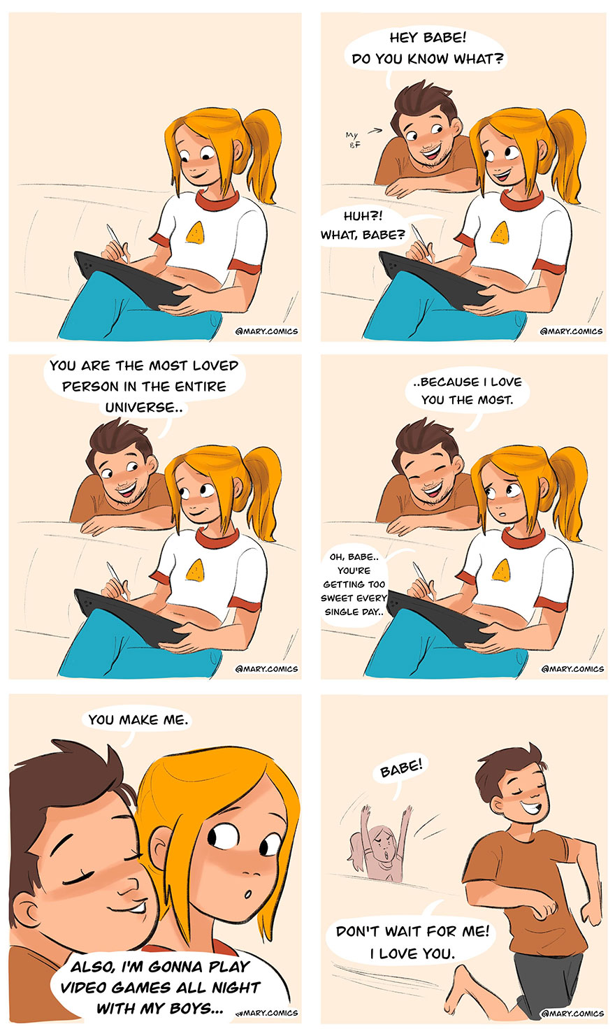 Comic panels showing a relatable young couple having a sweet and humorous conversation in daily life moments.