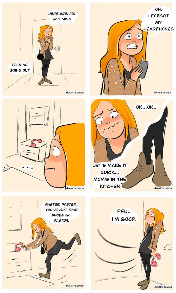 Comic strip by Mary Nicola showing a young woman in everyday situations rushing out without headphones.