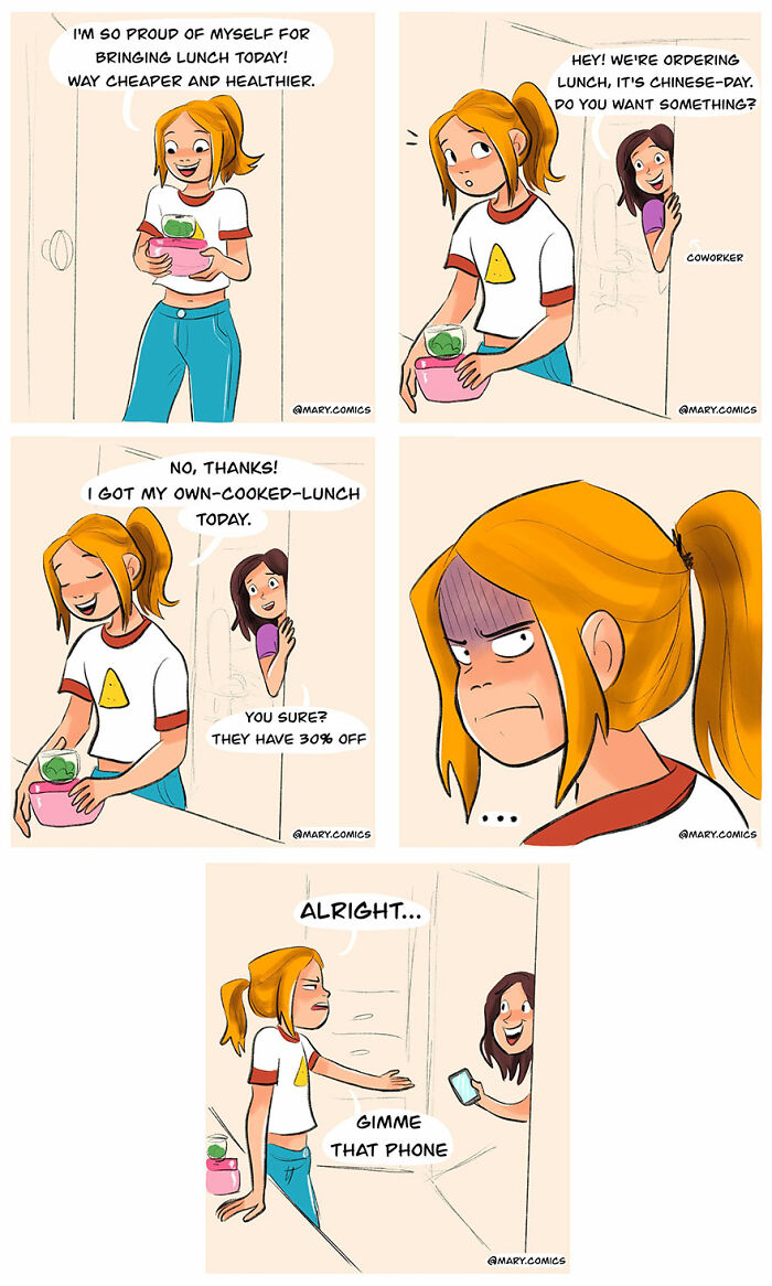 Comic by Mary Nicola showing everyday situations with a girl choosing between bringing lunch or ordering food at work.