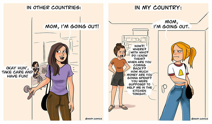 Comic panel contrasting parenting styles in everyday situations by Mary Nicola, showing different reactions to going out.
