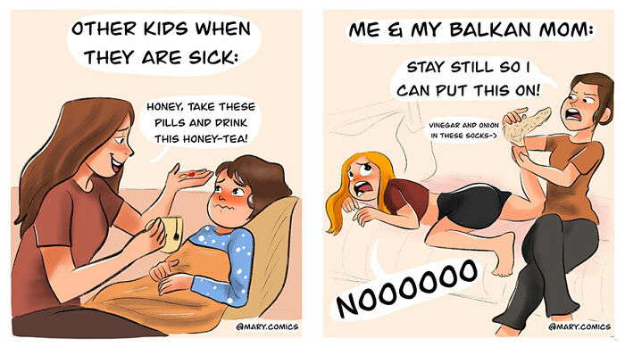 Comic panels showing contrasting sick day care, featuring everyday situations in new comics by Mary Nicola.