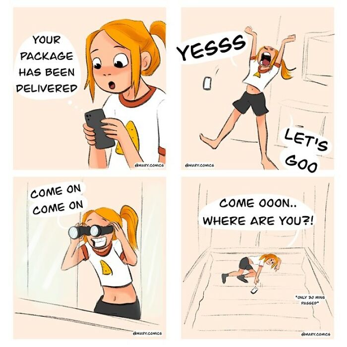 Comic strip by Mary Nicola showing a girl excited about a package delivery and searching for it humorously.