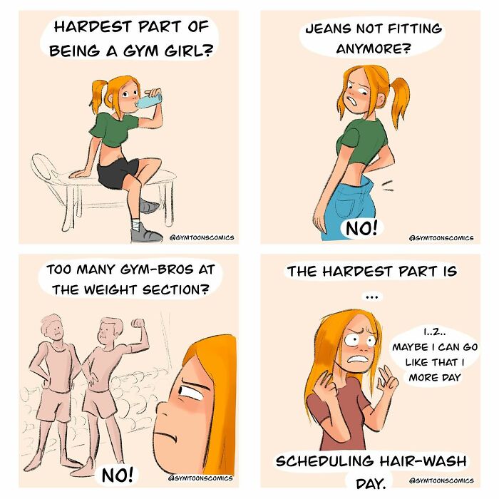 Comic panels depicting everyday gym struggles with humor, part of new comics by Mary Nicola showing relatable situations.