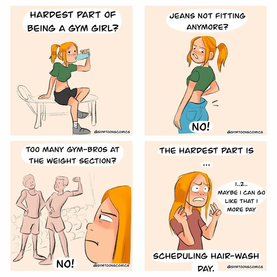 Comic panels showing a gym girl relatable struggles including jeans fitting, gym bros, and scheduling hair-wash day.