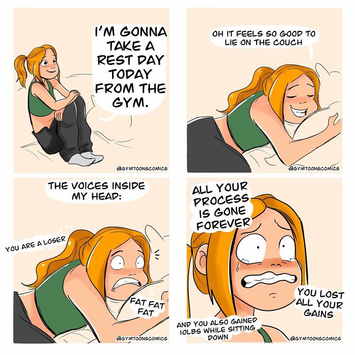 Comic panels by Mary Nicola showing a woman facing gym rest day guilt and self-doubt in everyday situations.