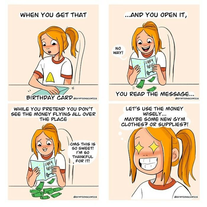 Comic strip by Mary Nicola showing a girl reacting to receiving money in a birthday card, depicting everyday situations.